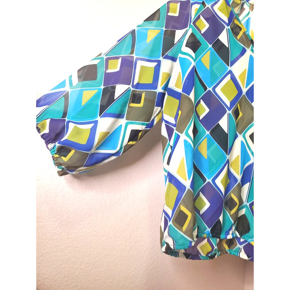 Sunny Leigh Womens Sheer Blue and Green Multicolor V-Neck Artsy Tunic Sz L - Picture 3 of 6